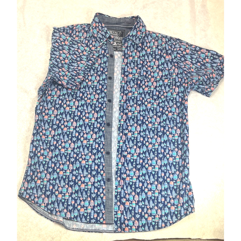 Blue Buoy Print Button Front Shirt Mens Coastal Beach Casual Medium